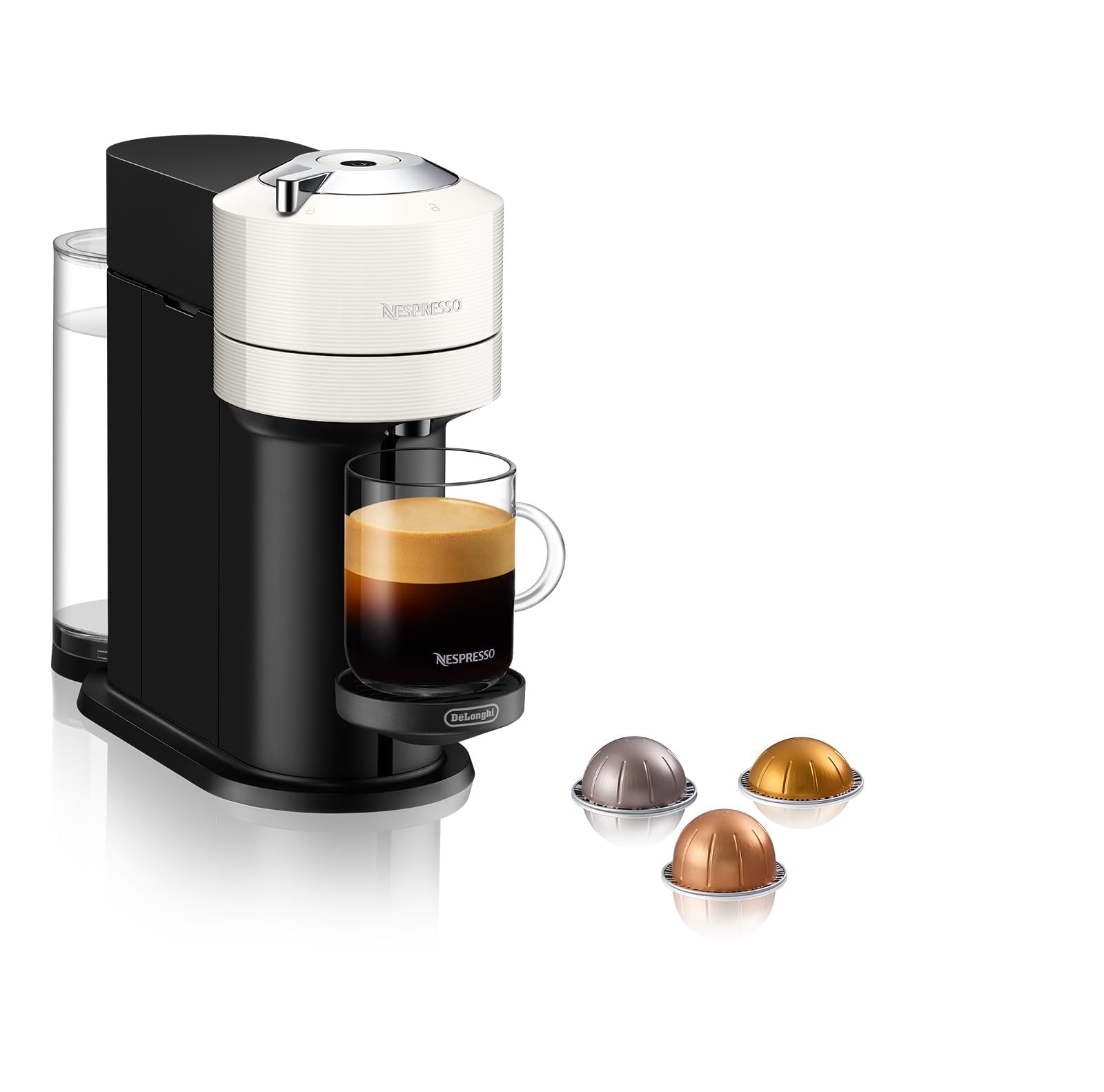 Machine à Café Vertuo Next Blanc, Capsules café Vertuo seulement, Technologie Centrifusion, 5 Tailles de Tasses + Kit de Bienvenue, Design Moderne, Arrêt Automatique, Blanc