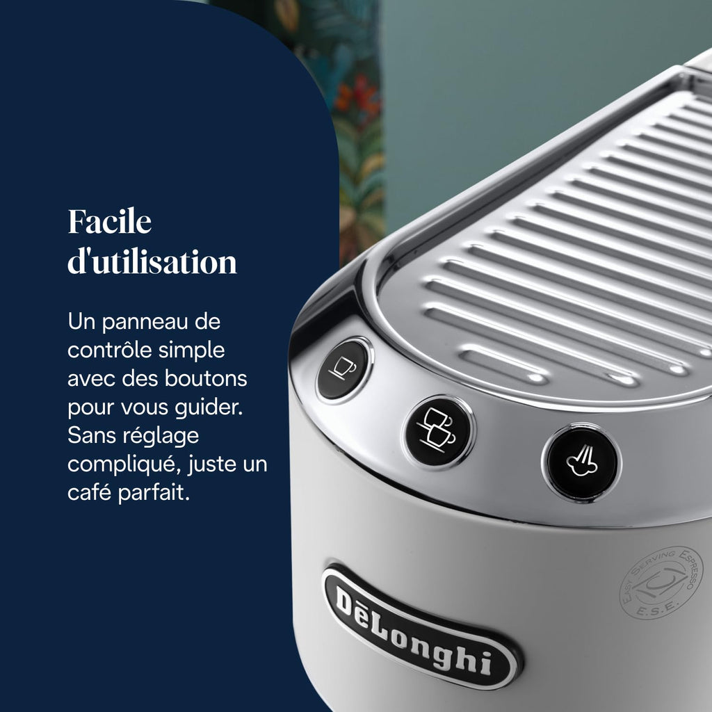 Premium Style, Machine à Café à Pompe en Acier Inoxydable, Système Anti-goutte, Blanc