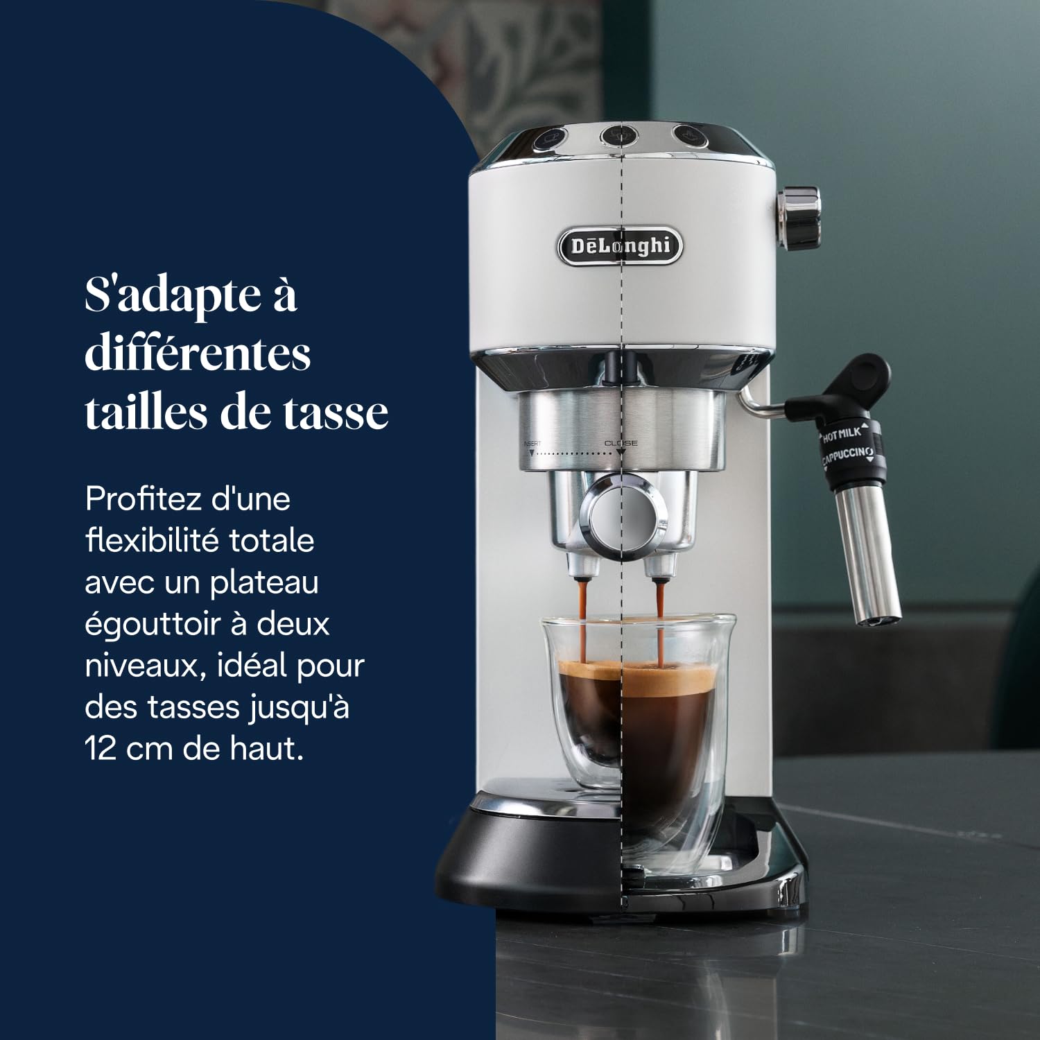 Premium Style, Machine à Café à Pompe en Acier Inoxydable, Système Anti-goutte, Blanc
