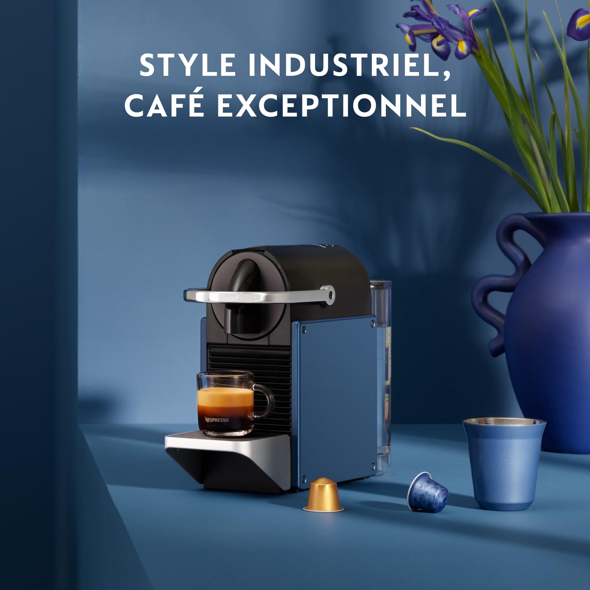 Machine à Café Pixie Bleu, 19 Bars + Kit de Bienvenue, Design Compact, Expresso et Lungo, Arrêt Automatique, Bleu