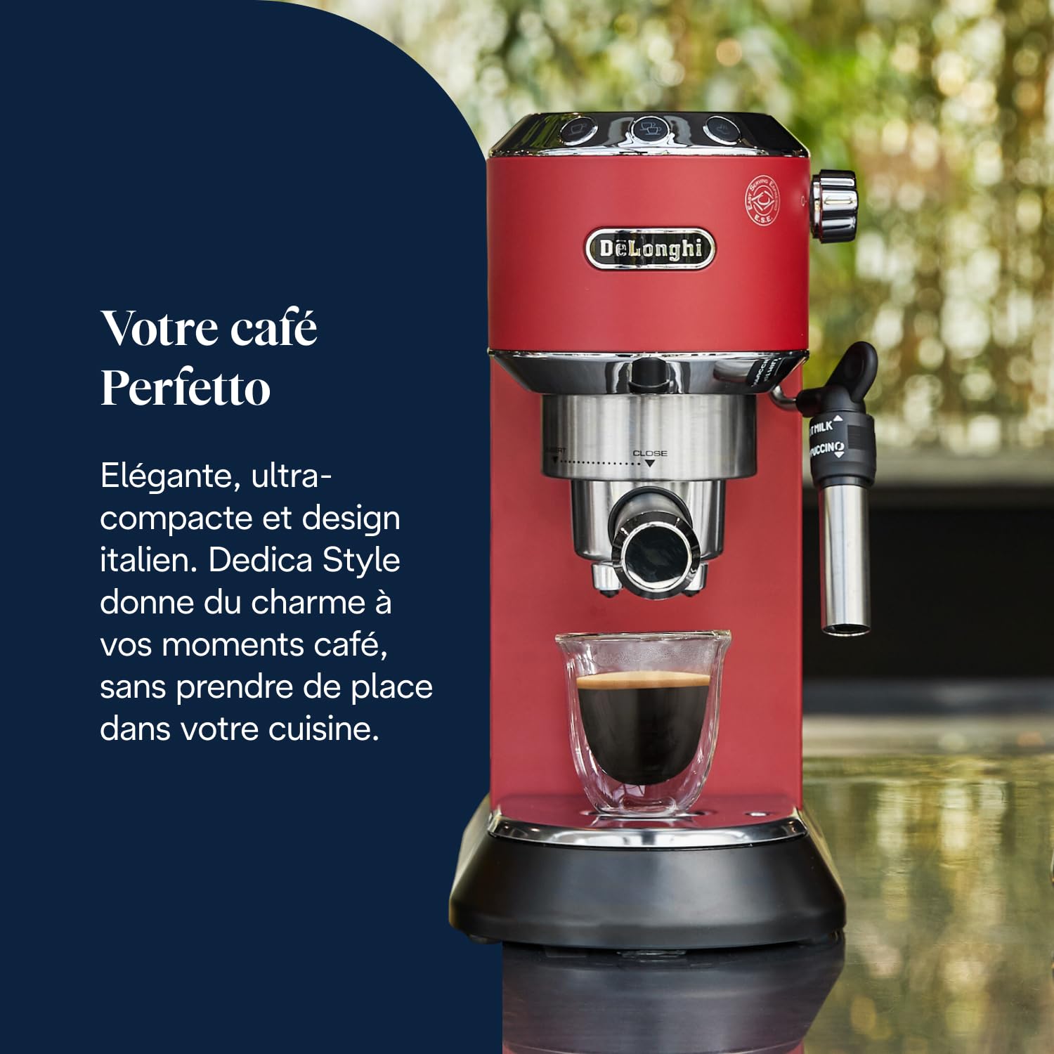 Premium Style, Machine à Café à Pompe en Acier Inoxydable Pour Café Moulu ou Dosettes, Rouge