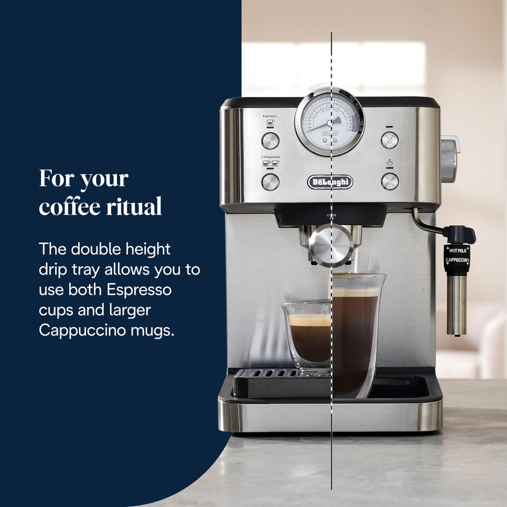 Linea Classic Machine à café manuelle avec tige vapeur, machine à expresso avec pompe barista, buse pour cappuccino, filtre double paroi, 15 bar, tasse jusqu'à 13 cm, acier