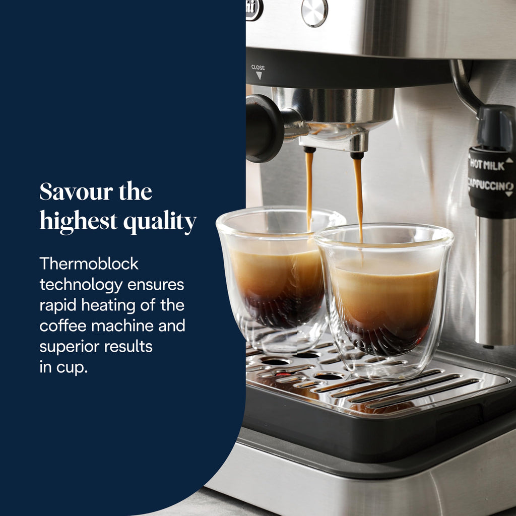 Linea Classic Machine à café manuelle avec tige vapeur, machine à expresso avec pompe barista, buse pour cappuccino, filtre double paroi, 15 bar, tasse jusqu'à 13 cm, acier