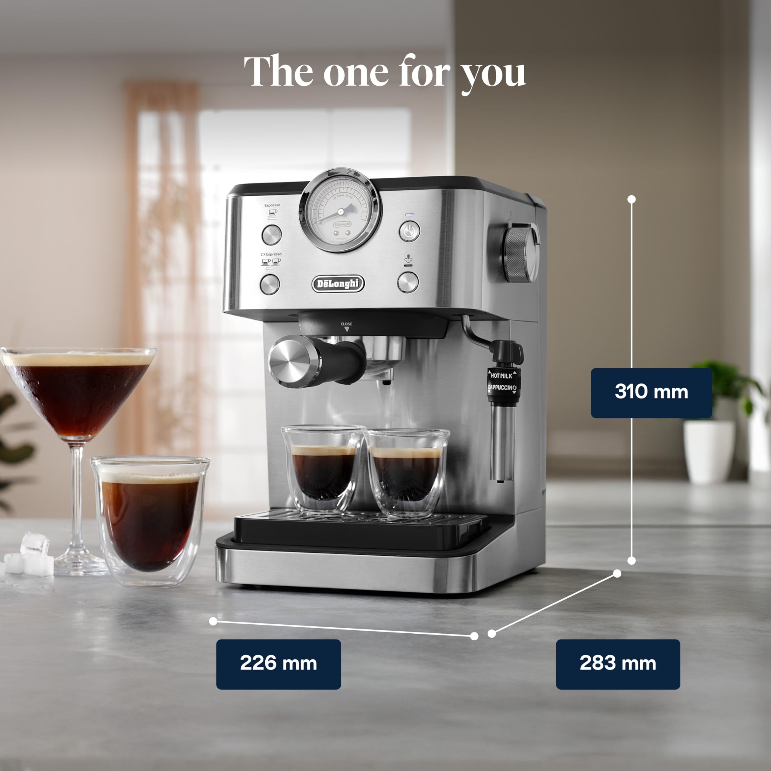 Linea Classic Machine à café manuelle avec tige vapeur, machine à expresso avec pompe barista, buse pour cappuccino, filtre double paroi, 15 bar, tasse jusqu'à 13 cm, acier